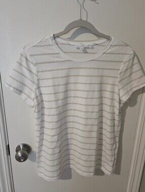 Chico's Striped Crewneck Tee in White With Gold Metalic Stripes